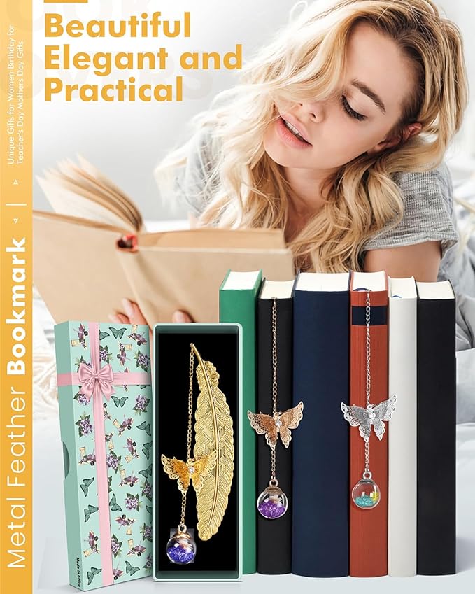 Bookmark Christmas Stocking Stuffers for Women: Teacher Gifts for Readers Book Lovers Metal Feather Bookmarks for Teens Coworker, Butterfly Book Mark Unique Birthday Reading Gift for Mom Friend Sister