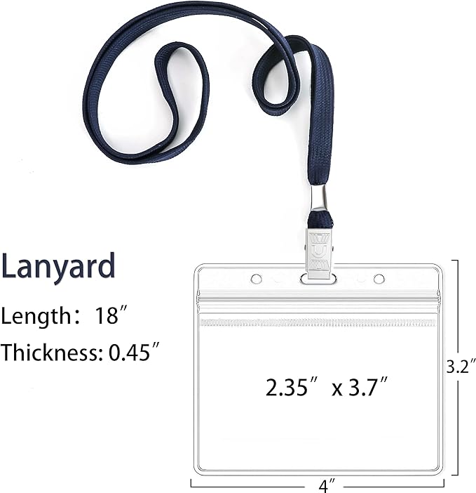 100Pcs Clear Plastic Horizontal Name Tags Badge ID Card Holders and 100Pcs Lanyards with Clip (Navy Blue)