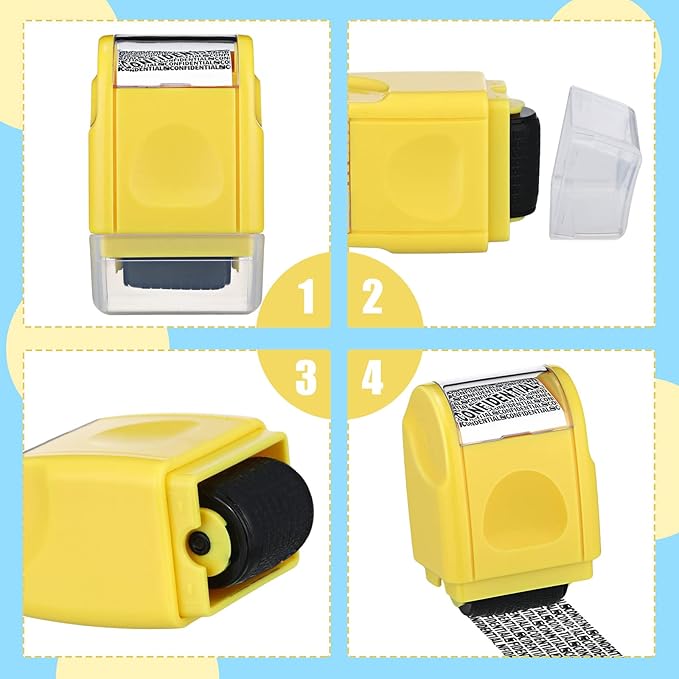 Nezyo 2 Pack Identity Protection Roller Stamp Identity Theft Stamp Confidential Roller Stamp Privacy Stamp Information Blocker Stamp and 4 Pack Refill Ink for ID Account Data Address Security(Yellow)