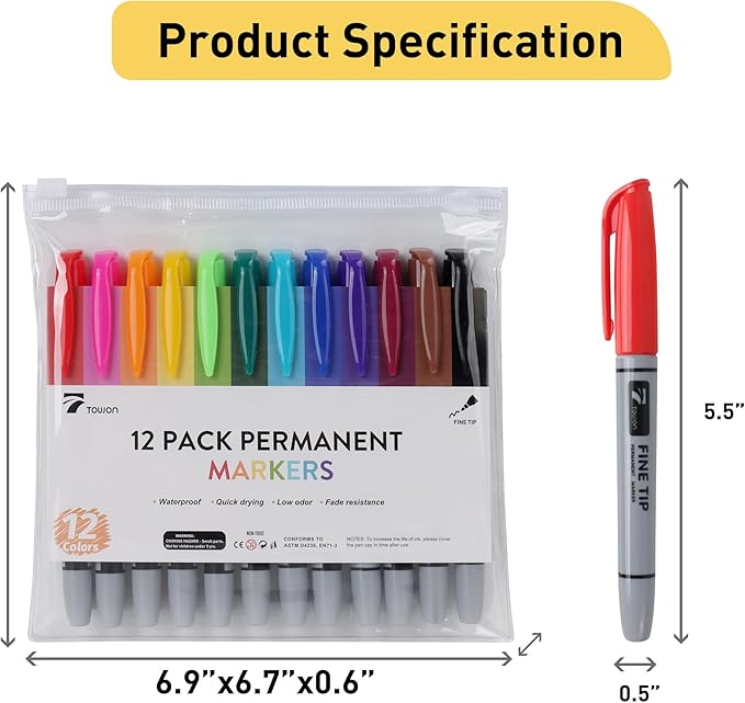 TOWON Permanent Markers 12 Assorted Colors - Waterproof Colored Fine Tip Pens Set, Home Office School Supplies for Kids, Adults Coloring