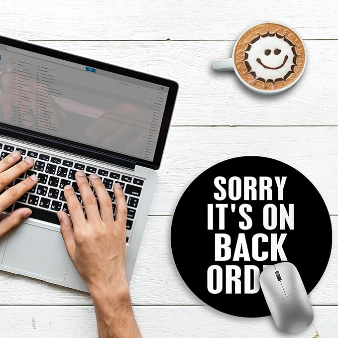 Gctriki Black Round Mouse Pad 8.6 x 8.6 Inch, with Stitched Edge Non-Slip Rubber Base, Small Computer Mousepad for Wireless Mouse, Funny Home Office Decor Desk Accessories, Sorry It's on Back Order