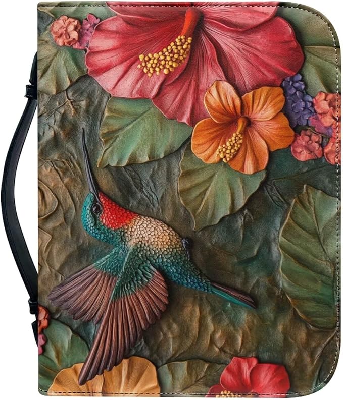 Lotusorchid Leather Bible Book Cover Case with Handle Pocket, Hummingbird Bible Cover Case with Pen Storage, Sturdy PU Bible Tote Bag, Bible Accessories, XL