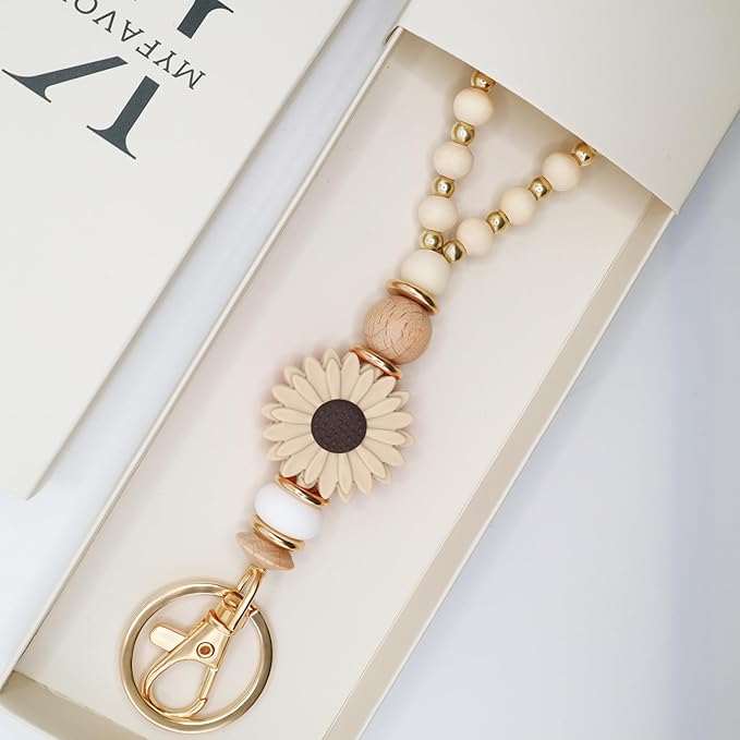 Wooden Teacher Lanyards for Id Badge Cute Flower Wood and Gold Beaded Lanyards for Women for Nurse Badge