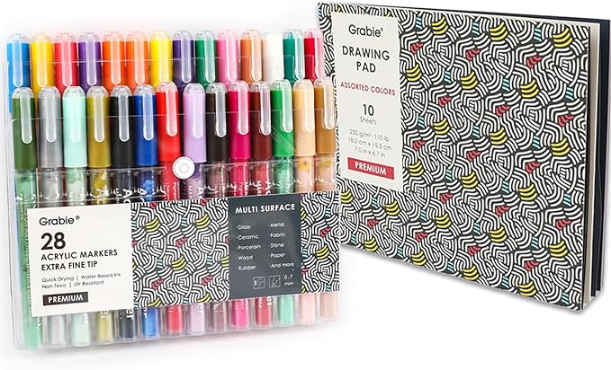 Grabie Acrylic Paint Pens - 28 Color Extra Fine Tip Markers for Painting Various Surfaces - Premium Art Supply Set