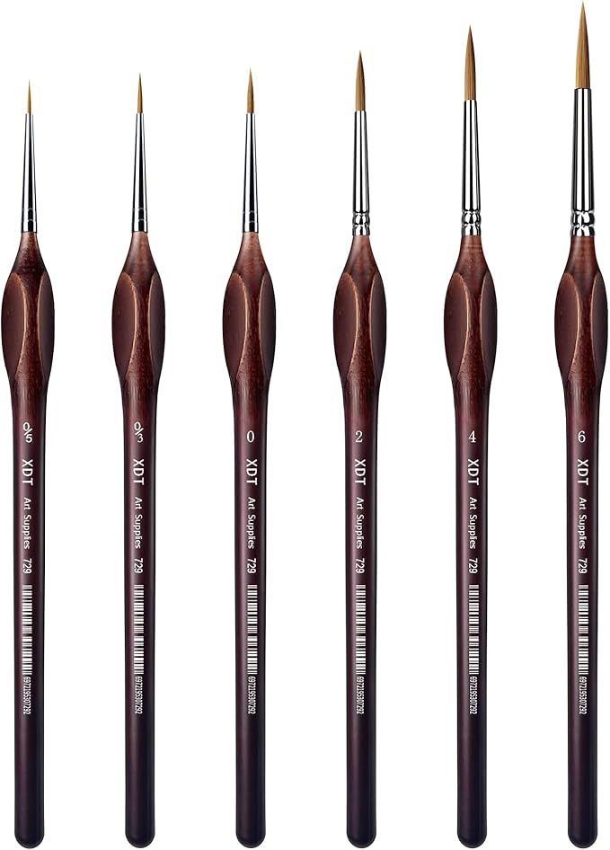 XDT#729 Micro Pin Point Artist Paint Brush 6 Piece Set Triangular Handle #00000#000#0#2#4#6, Fine Detailing Painting, Scale Models, Acrylic Watercolor Oil