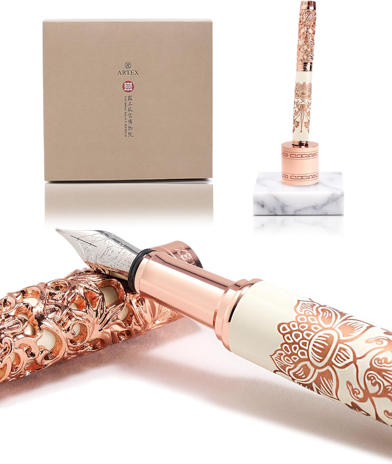 Luxury Fountain Pen Set With Stand - Museum Art Collections - Crafting Timeless Beauty - the Best Gift & Office Desk Decor, German SCHMIDT Fine Nib, Solid Metal & Marble Texture