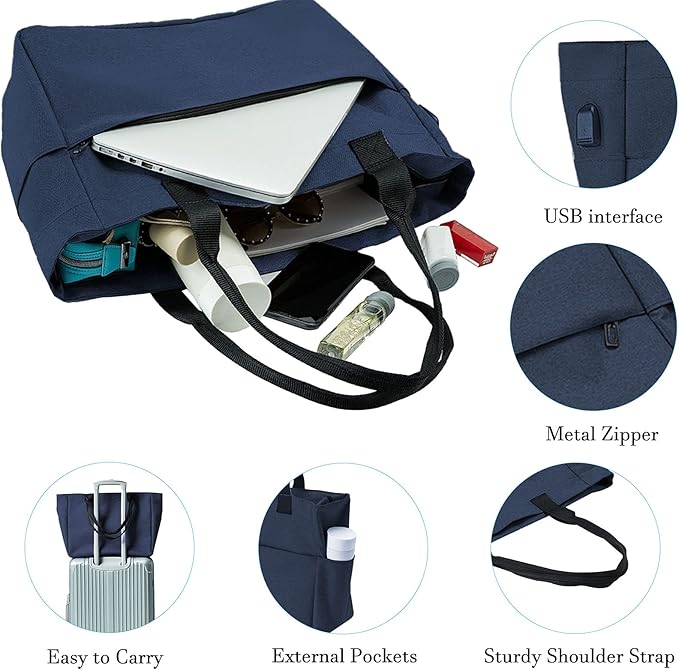 Tote Bag for Women Large Work Bags Laptop 15.6-17 Inch Handbag Purse Book Bag with Zipper for Nurse Teacher School, Blue