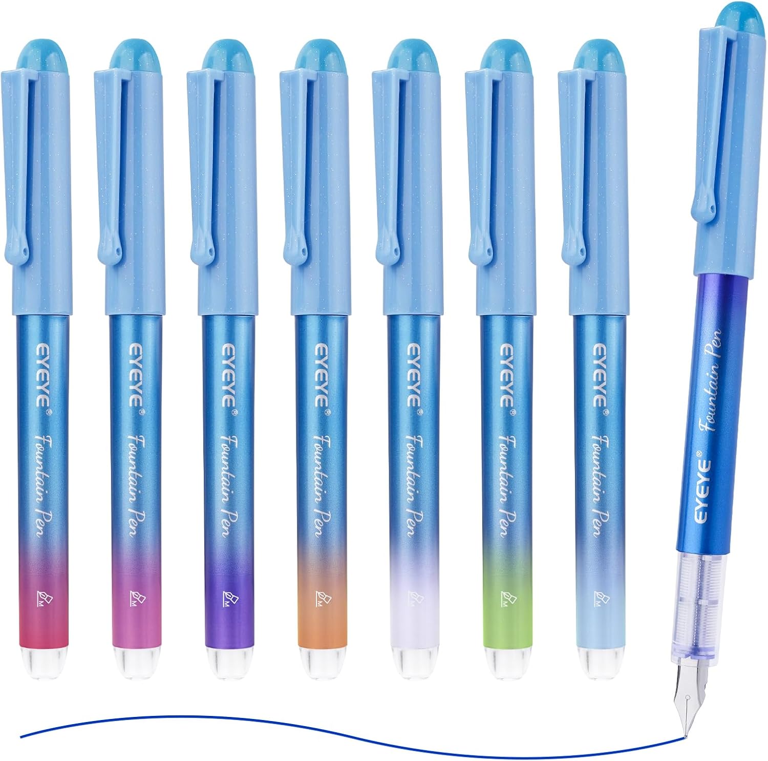 EYEYE Disposable Fountain Pens for Writing, Medium Point Stainless Steel Nib, Pack of 8 Assorted Colors