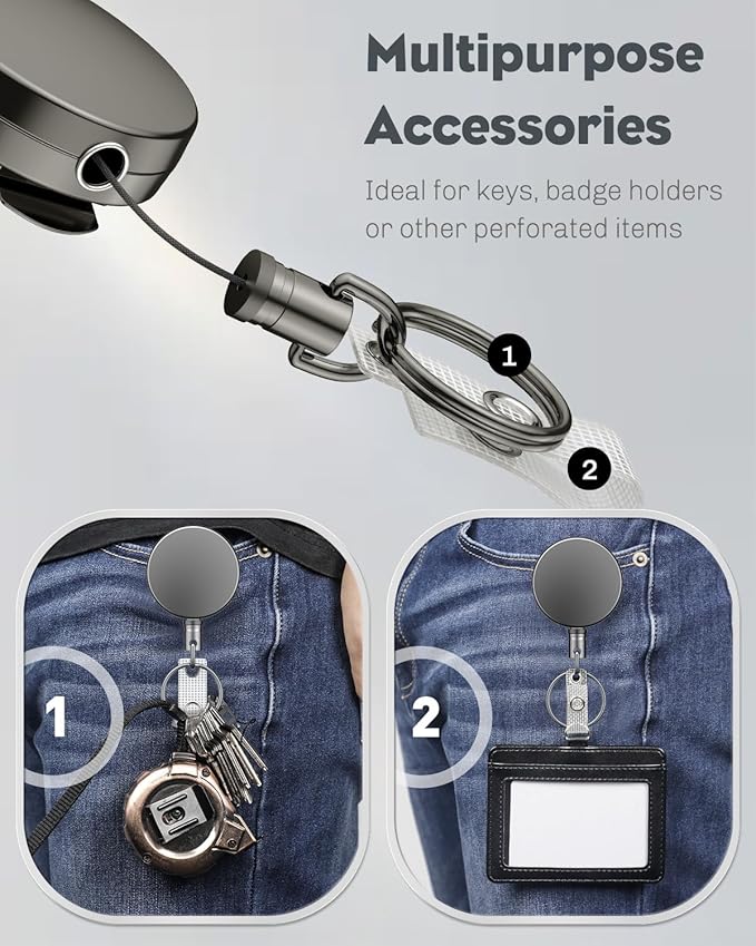 Uniclife 5 Pack Metal Retractable Keychain Heavy Duty Retractable Badge Reel for Badge Holder All Metal Casing with Stainless Steel Spring Coil 27.5 Inch Nylon Rope Belt Clip and Key Ring