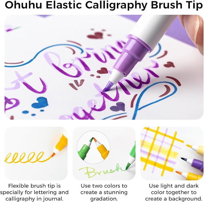 Ohuhu Journal Pens 24 Colors Dot Markers Pens Dual Tips (Calligraphy Brush & Dot) for Adults Water-based Metallic & Regular Colors Dot Pens for Lettering Journal Scrapbooking Coloring Markers - Kumimi