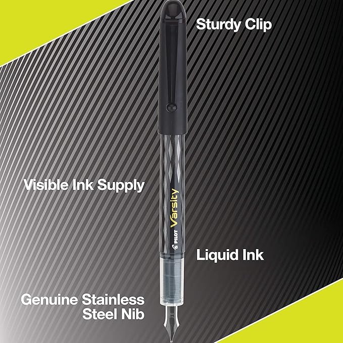 Pilot Varsity Disposable Fountain 6 Pack Combo, 3 Black and 3 Blue Pens