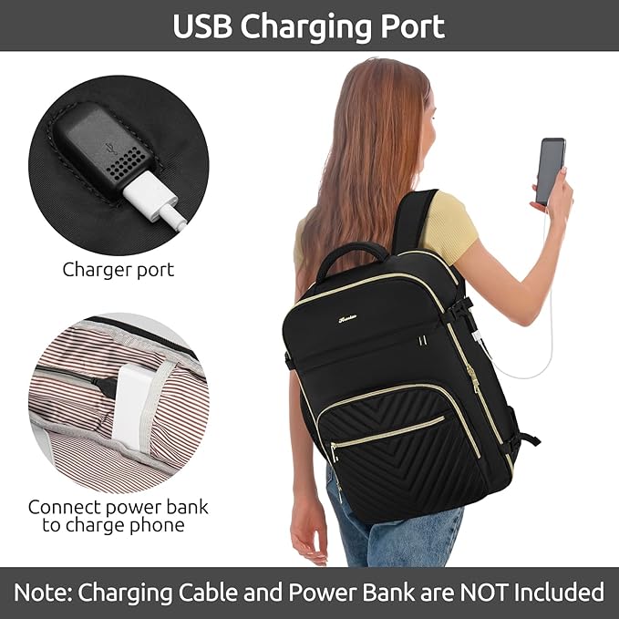 Travel Backpack for Women, Carry On Backpack for Airplanes Flight Approved, Waterproof Large Weekender Overnight Bag Fit 15.6 Inch Laptop with USB Charging Port, Black