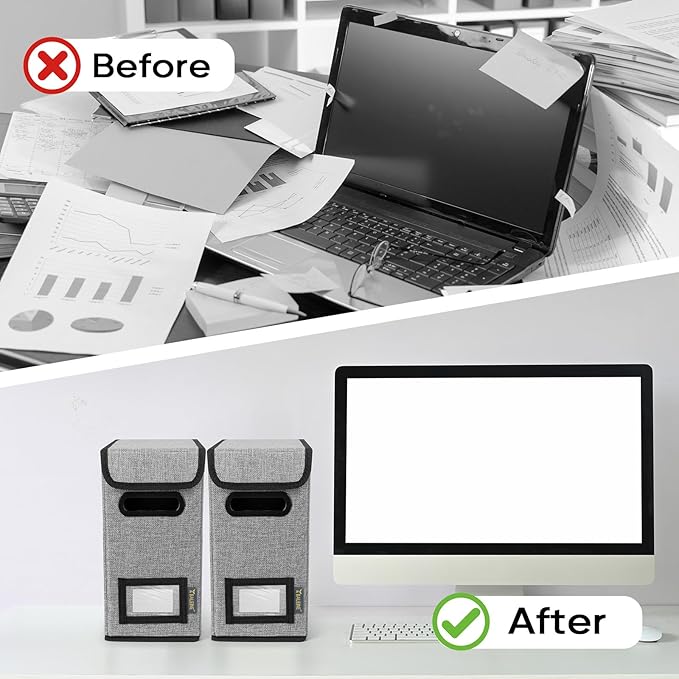 BALEINE File Organizer Box with Lid, Collapsible File Folder Organizer with Plastic Slide, Hanging File Folder Box for Office Document Storage (1 Pack, Grey, S)