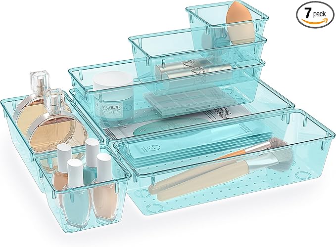 7 PCS Clear Plastic Drawer Organizers Set, 4 Size Desk Drawer Organizer Trays for Makeup, Jewelry, Kitchen Utensils, Gadgets and Office Accessories, Sea Blue
