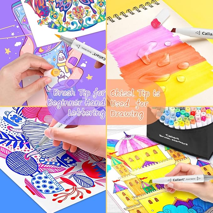 Caliart Alcohol Brush Markers, 51 Colors Dual Tip Artist Brush & Chisel Tip Sketch Art Markers, Aesthetic Cute Preppy Stuff School Supplies, Pens for Lettering Cards Drawing Mothers Day Gift for Mom