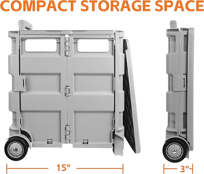 MaxWorks 50876 Collapsible Gray Rolling Folding Dolly Grocery Cart - Multi-Functional Teacher Dolly with Extra Storage, Durable Wheels, and Easy-to-Fold Design for Classroom, Office, Shopping