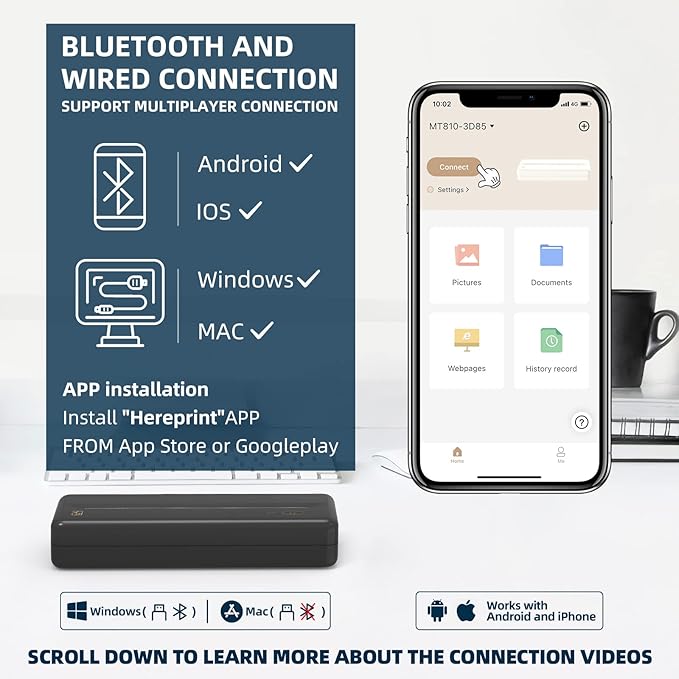 HPRT Wireless Portable Printer - Bluetooth Thermal Printer for Travel, Mobile Office, School, Home Compatible with iOS Android