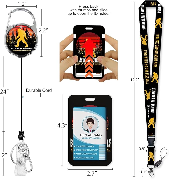 Lanyards for Id Badges, Bigfoot Badge Holder with Retractable Reel Clip, Inspirational Quote Card Name Tag Lanyard Vertical ID Card Protector Cover Case for Women Nurse Doctor Teacher Student