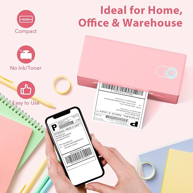 Nelko Bluetooth Thermal Shipping Label Printer, Wireless 4x6 Shipping Label Printer for Shipping Packages, Support Android, iPhone and Windows, Widely Used for Amazon, Ebay, Shopify (Pink)