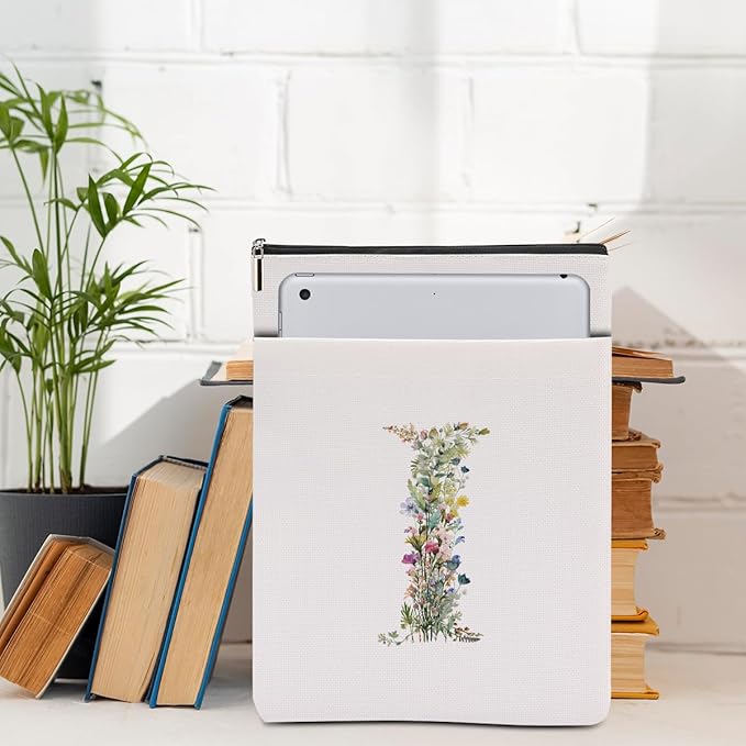 Monogrammed Book Sleeve Floral I Initial Book Pouch Book Accessories Book Lovers Gifts Waterproof Book Cover Book Protector Bookish Gifts Personalized Gifts for Women Girls Readers Bride Friend