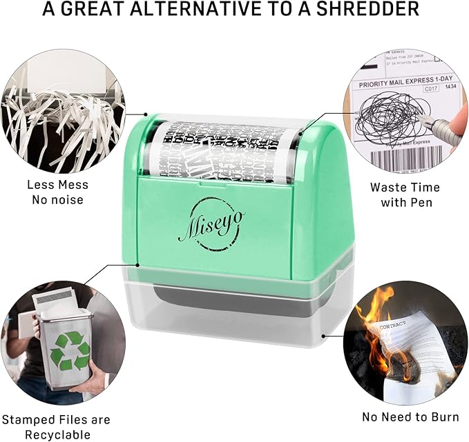 Miseyo Identity Theft Protection Roller Stamp Set - Mint Green (6 Refill Ink Incleded)