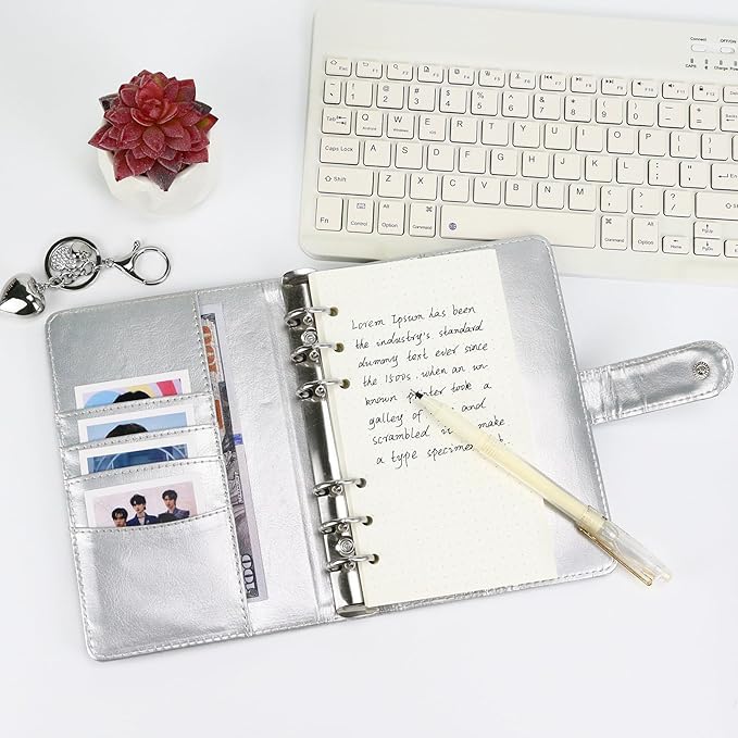 A6 PU Leather Cotton-Padded Binder 6-Ring Notebook Binder Cover with Silver Keychain for A6 Filler Paper, Refillable A6 Personal Planner Budget Binder with Magnetic Buckle Closure
