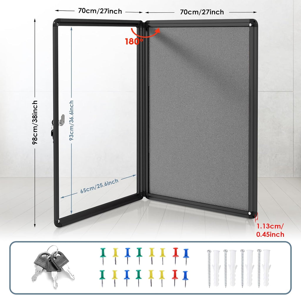 Enclosed Bulletin Board Lockable Display Case Message Board with Locking Door for Indoor, Grey Felt, Black Aluminum Frame, 38 X 28 in