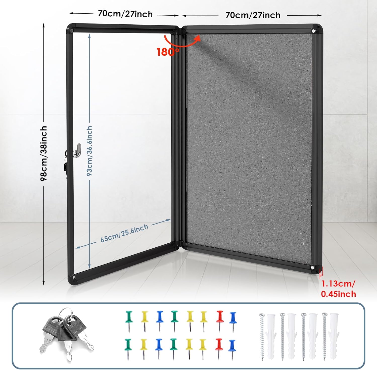 Enclosed Bulletin Board Lockable Display Case Message Board with Locking Door for Indoor, Grey Felt, Black Aluminum Frame, 38 X 28 in