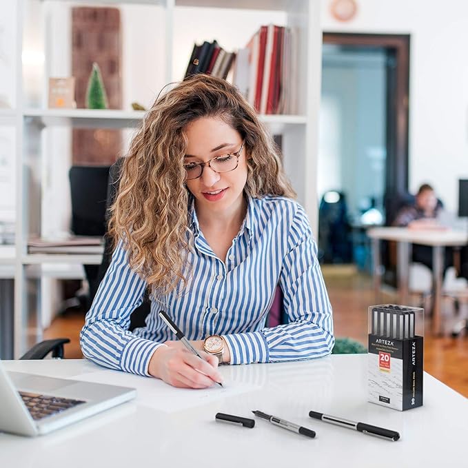 ARTEZA Rollerball Pens, Pack of 20, 0.5mm Black Liquid Ink Pens for Bullet Journaling, Fine Point Rollerball, Office Supplies for Writing, Taking Notes & Sketching