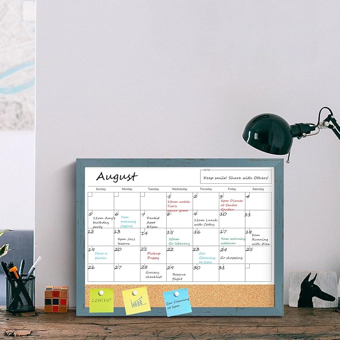 Whiteboard Calendar & Corkboard for Wall, 17"x13" Dry Erase Monthly Calendar with Wood Framed, Magnetic White Board Cork Board Combo, Calendar Bulletin Board for Home Office Kitchen Memo Planner