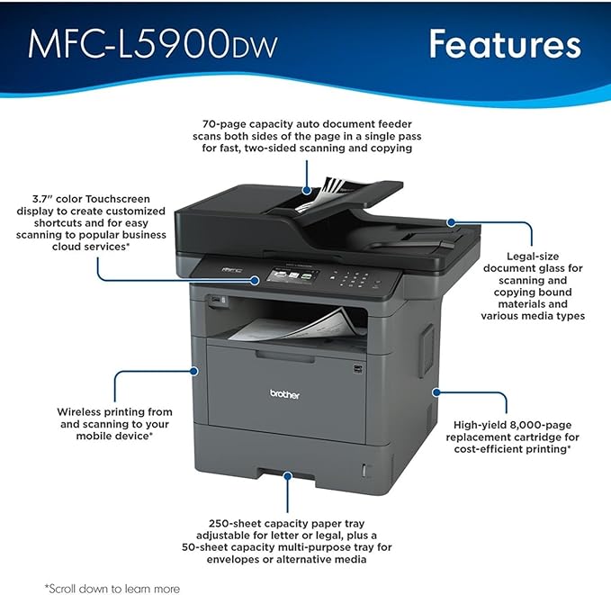 Brother Monochrome Laser Printer, Multifunction Printer, All-in-One Printer, MFC-L5900DW, Wireless Networking, Mobile Printing & Scanning, Duplex Print, Copy & Scan, Amazon Dash Replenishment Ready