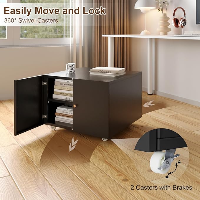 Small Space Printer Stand with Doors, Metal Fax Machine Stand with Storage, Low Printer Table, Black Modern Under Desk for Home Office, Small Carts for Scanner, Fax, Computer, Black