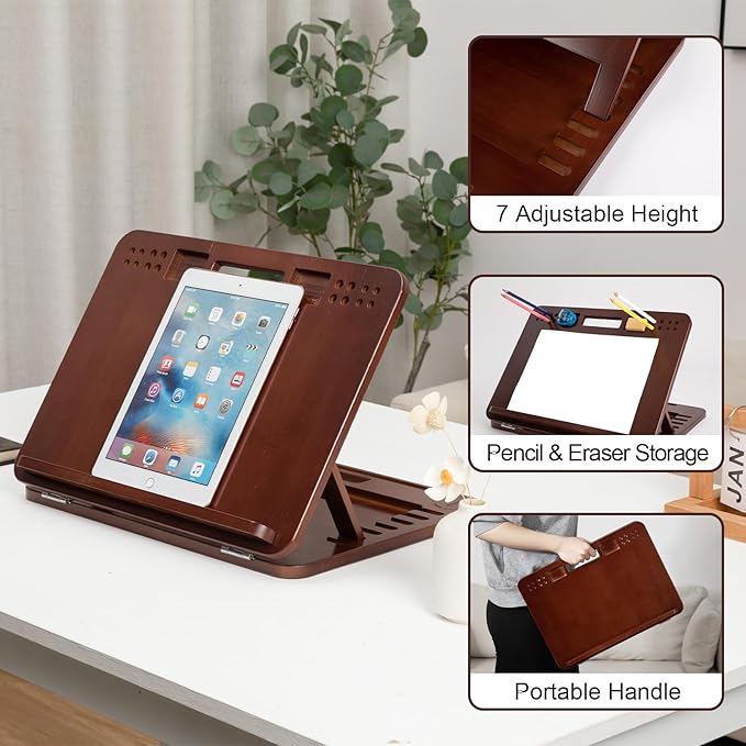 StrongTek 6-Position Bamboo Table Easel, 16x12 Inch Adjustable Drawing and Sketching Board with Built-in Handle and Back Storage, Portable Art and Lap Desk for Sketching, Reading, and Book Stand