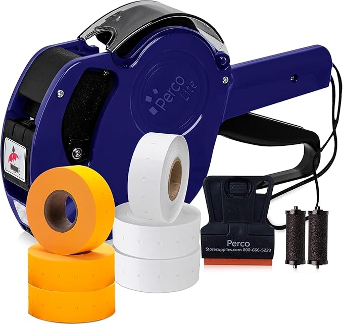 Perco Lite 1 Line Price Gun with Labels Kit - Includes 3 White Rolls, 3 Fluorescent Orange Rolls, 2 Ink Rollers, 1 Ink roll and Labels Pre-Loaded