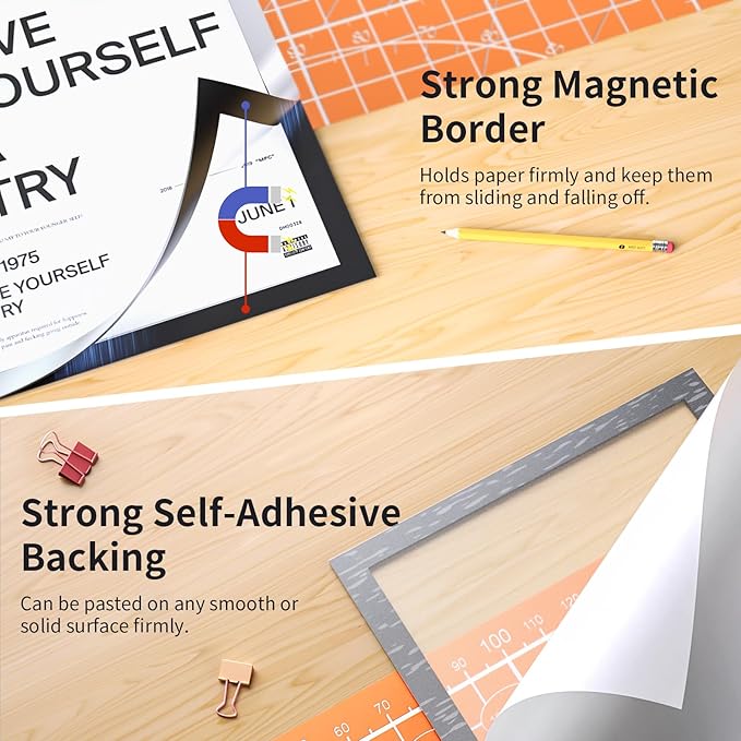 12Pack Magnetic Sign Holder 8.5 x 11 Wall Mount, Self Adhesive Display Magnetic Picture Frames Sheet With Strong Magnet Border for Window/Door/Fridge, Document Poster Paper Holders for Home Office Store, Silver