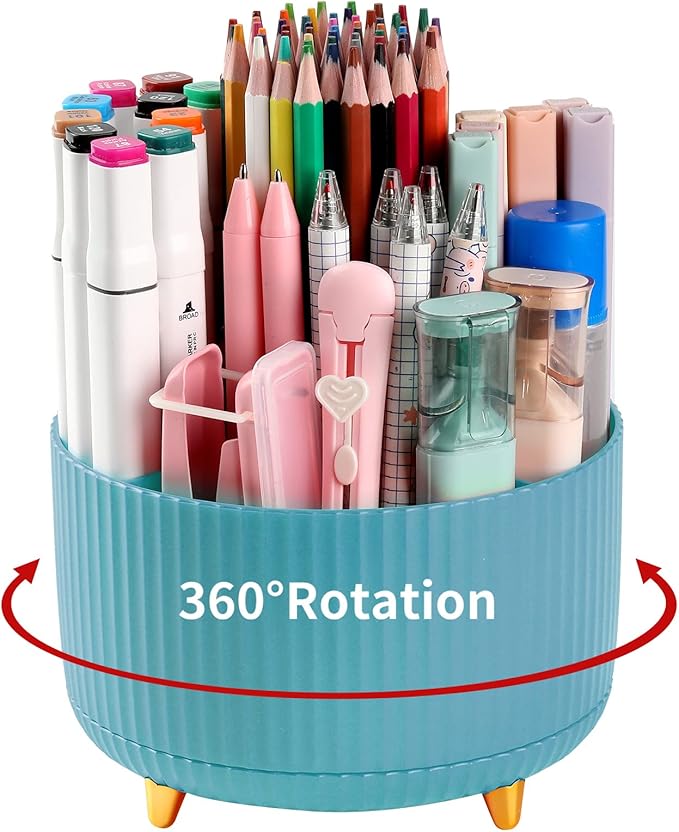 Desk Pencil Pen Holder, 5 Slots 360°Degree Rotating Pencil Pen Organizers for Desk, Desktop Storage Stationery Supplies Organizer, Cute Pencil Cup Pot for Office, School, Home, Art Supply, Blue