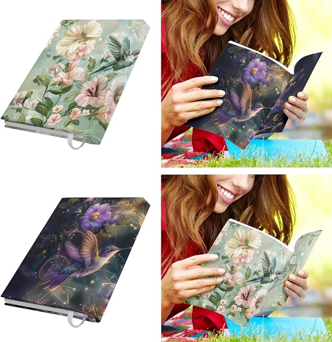 Hummingbird Print Book Cover Floral Print Book Protector Reusable, Durable Book Protector Pouch for Paperbacks Set of 2, Green and Purple