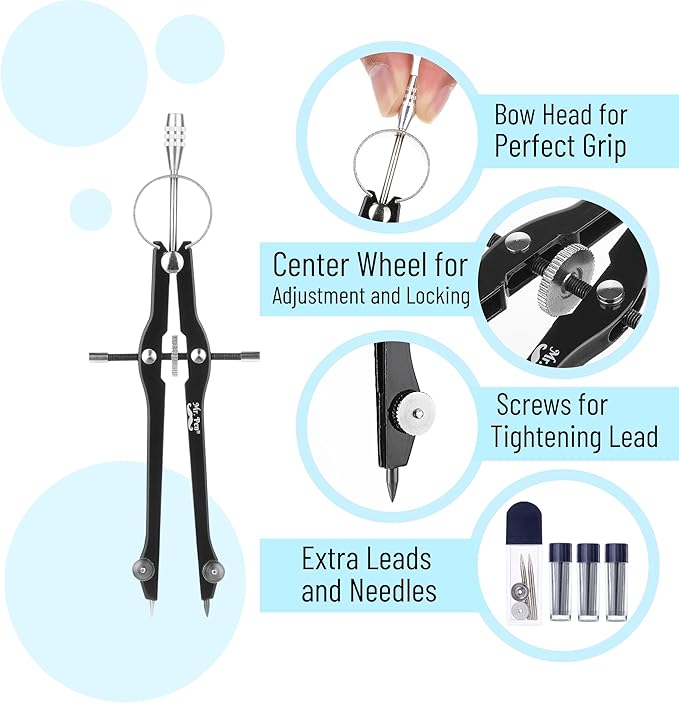 Mr. Pen- Professional Compass with Lock, Black, Compass for Geometry, Drafting Compass, Precision Compass Math, Geometry Compass, Compass Drawing, Compass with Wheel, Metal Compass Geometry