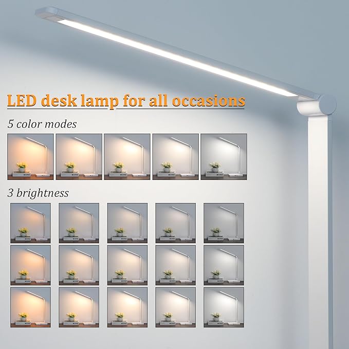 Dott Arts LED Desk Lamp with USB Ports,Touch Desk Lamps for Home Office with 5 Color Modes,3 Brightness Desk Light with Small Night Light,Reading Lamp Table LED Lamp for Bedroom Bedsid Study White