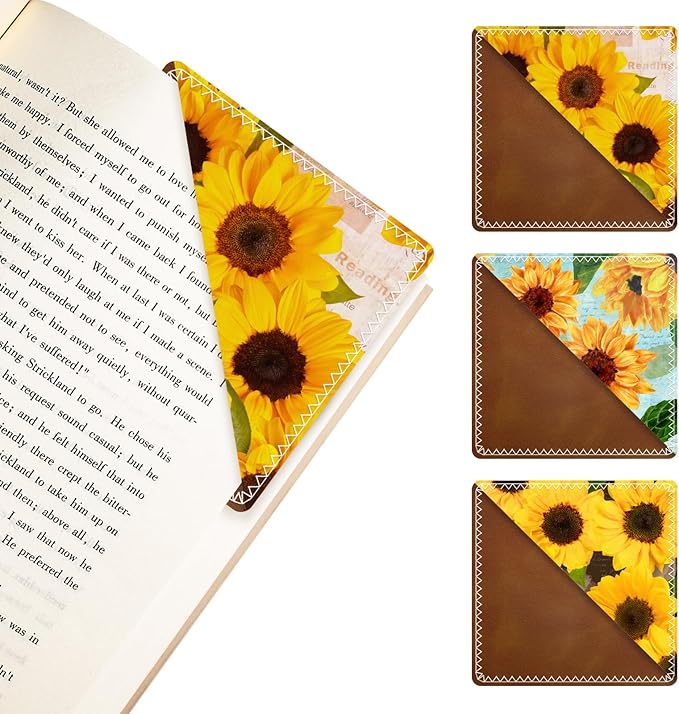 3 Pieces Leather Bookmarks, Personalized & Cute Book Accessories for Reading Lovers, Page Markers for Women Men Girls Boys Student Teacher Kids Retirement Birthday Gifts (Sunflower Envelope)