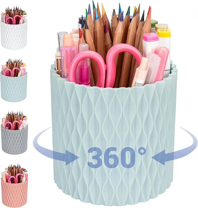 Pencil Holder For Desk - 360° Rotation, 5 Slot Desk Supplies For Women Office Aesthetic. Pen Holder For Office&School, Desk Accessories(Blue)