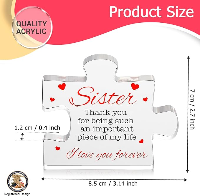 VELENTI Birthday Gifts for Sister - Engraved Acrylic Block Puzzle Sister Present - Cute Birthday Gifts from Sister,Paperweights Happy Birthday Sister Gift from Brother