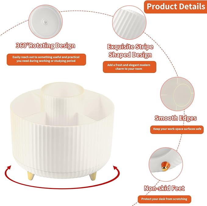 Desk Pencil Pen Holder, 5 Slots 360°Degree Rotating Pencil Pen Organizers for Desk, Desktop Storage Stationery Supplies Organizer, Cute Pencil Cup Pot for Office, School, Home, Art Supply, Beige