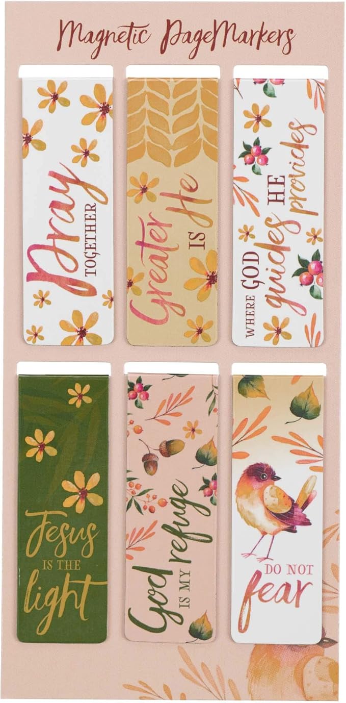 Christian Art Gifts Magnetic Scripture Bookmark Set for Women: Pray Together - Matthew 6:9-13 Inspirational Fall-Themed Magnetic Bible Verse Pagemarker Set of 6 for Bibles and Books, Size 2.3” x 0.8”