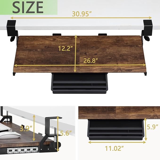 ETHU Keyboard Tray Under Desk, 26.77" X 11.81" Large Size Keyboard Tray with C Clamp-on Mount Easy to Install, Computer Keyboard Stand, Ergonomic Keyboard Tray for Home and Office (Wood)