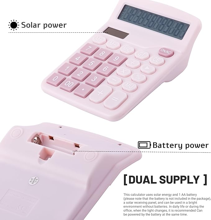 Golcellia Calculators Desktop, Pink Calculator, Cute Calculator 12 Digit Desk Calculator Large Display, Dual Power Solar Battery, Office Home School Supplies for Adults & Students