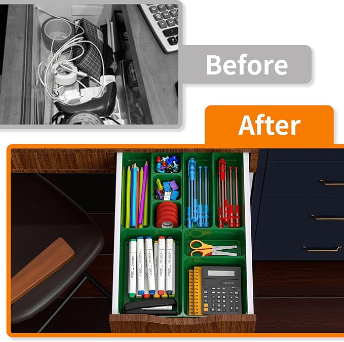 25 pc Plastic Drawer Organizer Set,4 Size Small Storage Containers for Organizing Jewelry,Utensil,Junk,Tea,Makeup,Shallow Drawer Organizers Tray Suitable for Office,Desk,Bathroom,Vanity,Kitchen,Green