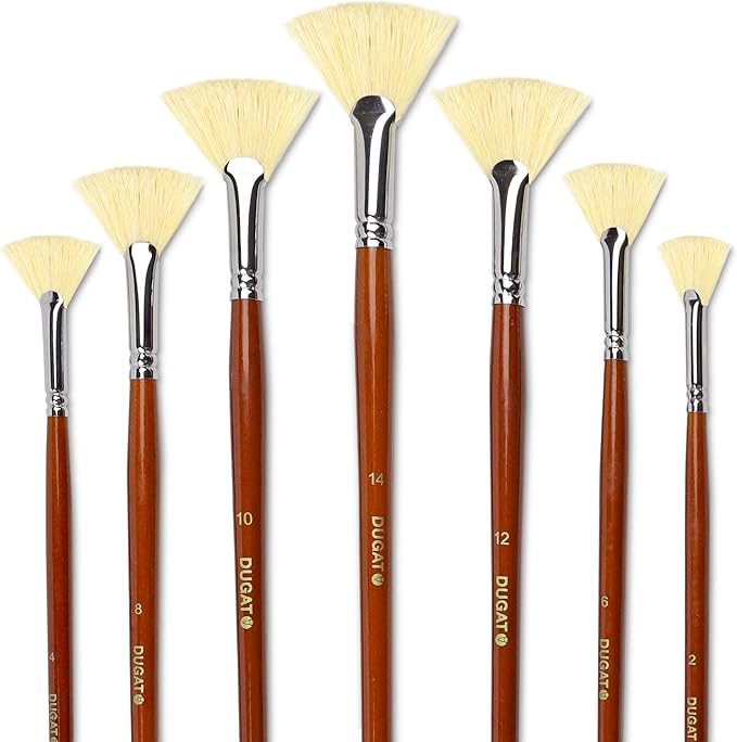 DUGATO Artist Fan Paint Brush Set of 7, White Hog Bristle Natural Hair Anti-Shedding Brush Tips, Long Wooden Handle for Comfortable Holding, Great for Acrylic Watercolor Oil Painting