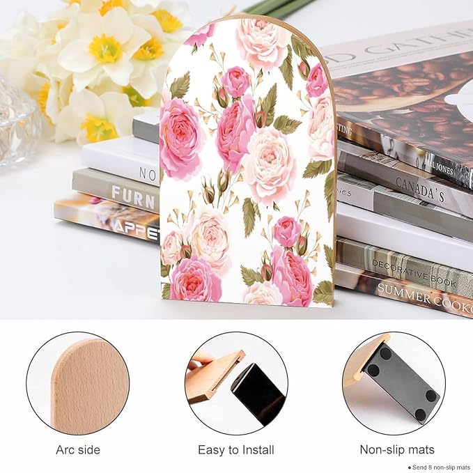 2 Pack Wood Bookends, Pink Floral Flower Rose Non-Skid Book Ends for Heave Books, Decorative Bookends for Shelves Desk, Book Stoppers Book Holders for Home Office Library School