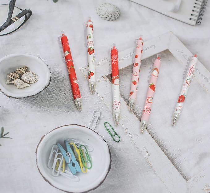 YYaaloa 48pcs Cute Pens Black Gel Ink Pens Retractable Pens for Kids Girls Boys Women Office School Supplies (Red strawberry pens)